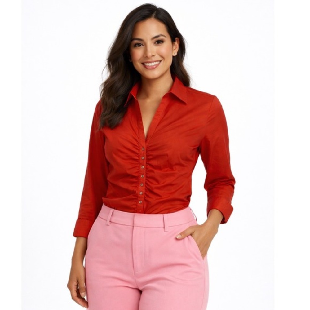 New York & Co Ruched Front Button Down Shirt Red Long Sleeve M Preppy Chic 90-39